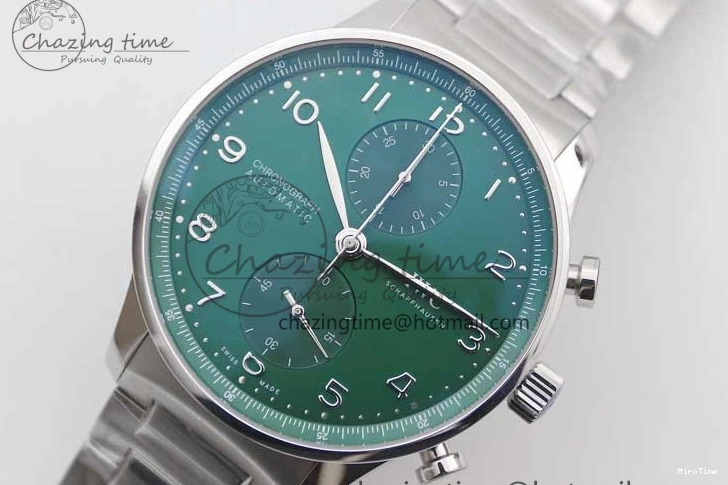MIROTIME 0120 FastDry Portugieser Chronograph IW371615 ZF Best Edition Green Dial on SS Bracelet A7750 (Slim Movement) 7038